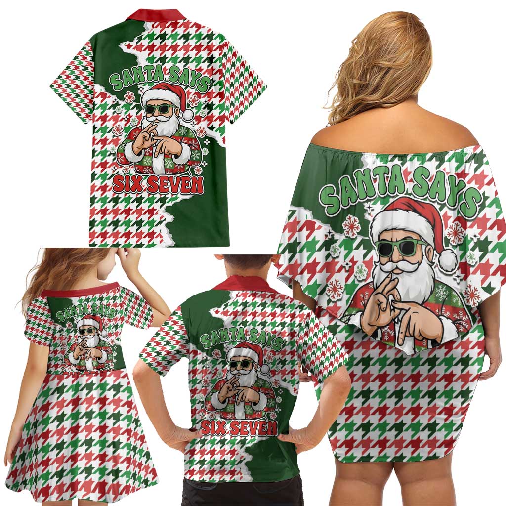Funny Santa Claus Says Six Seven Family Matching Off Shoulder Short Dress and Hawaiian Shirt Christmas Houndstooth Pattern - Wonder Print Shop
