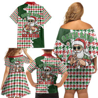 Funny Santa Claus Says Six Seven Family Matching Off Shoulder Short Dress and Hawaiian Shirt Christmas Houndstooth Pattern - Wonder Print Shop