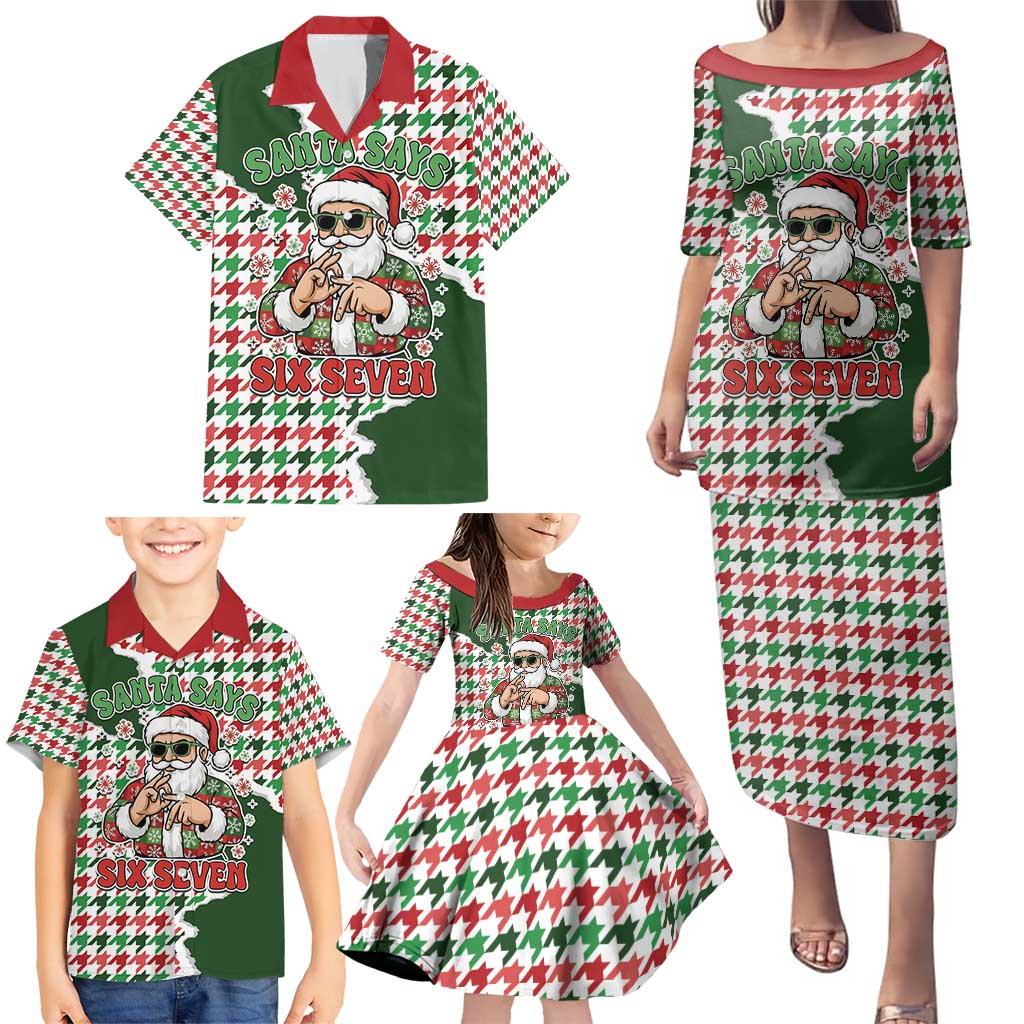 Funny Santa Claus Says Six Seven Family Matching Puletasi and Hawaiian Shirt Christmas Houndstooth Pattern - Wonder Print Shop