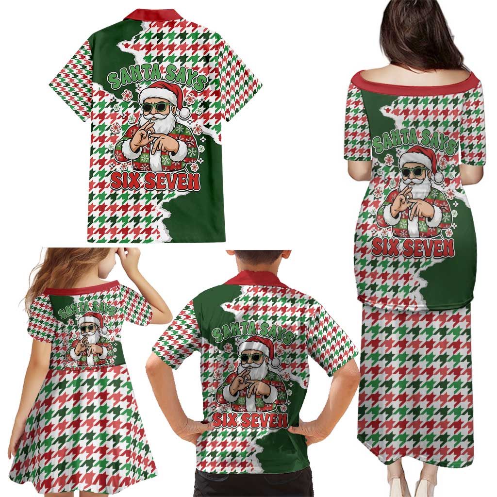 Funny Santa Claus Says Six Seven Family Matching Puletasi and Hawaiian Shirt Christmas Houndstooth Pattern - Wonder Print Shop