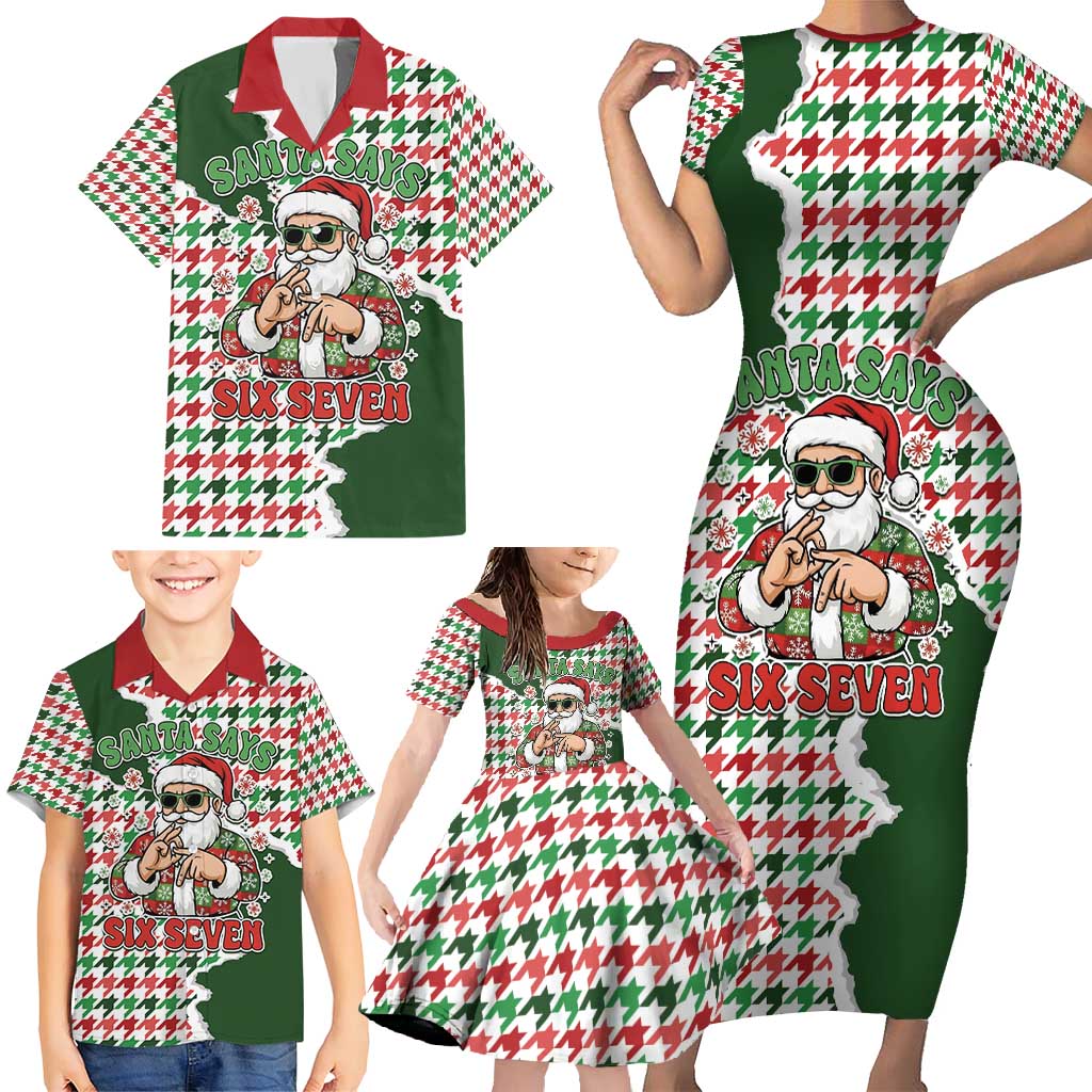 Funny Santa Claus Says Six Seven Family Matching Short Sleeve Bodycon Dress and Hawaiian Shirt Christmas Houndstooth Pattern - Wonder Print Shop