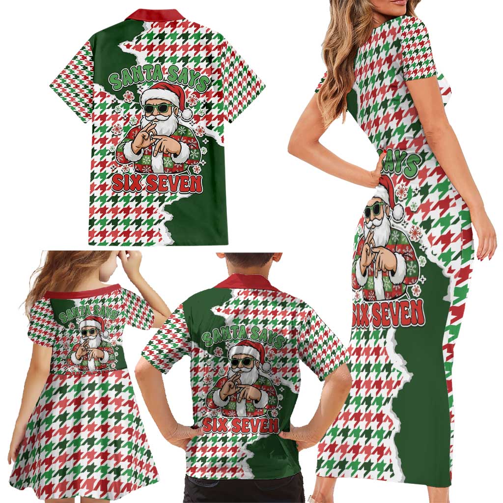 Funny Santa Claus Says Six Seven Family Matching Short Sleeve Bodycon Dress and Hawaiian Shirt Christmas Houndstooth Pattern - Wonder Print Shop