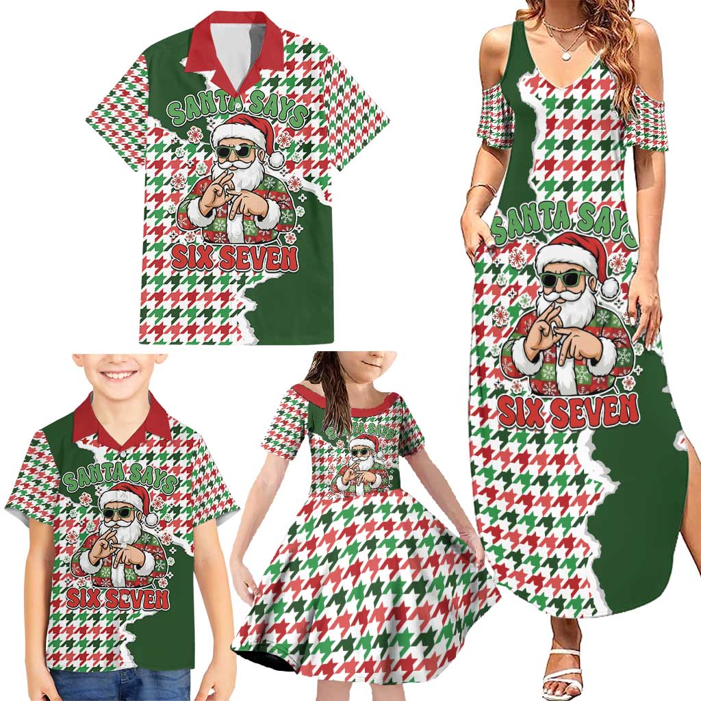 Funny Santa Claus Says Six Seven Family Matching Summer Maxi Dress and Hawaiian Shirt Christmas Houndstooth Pattern - Wonder Print Shop