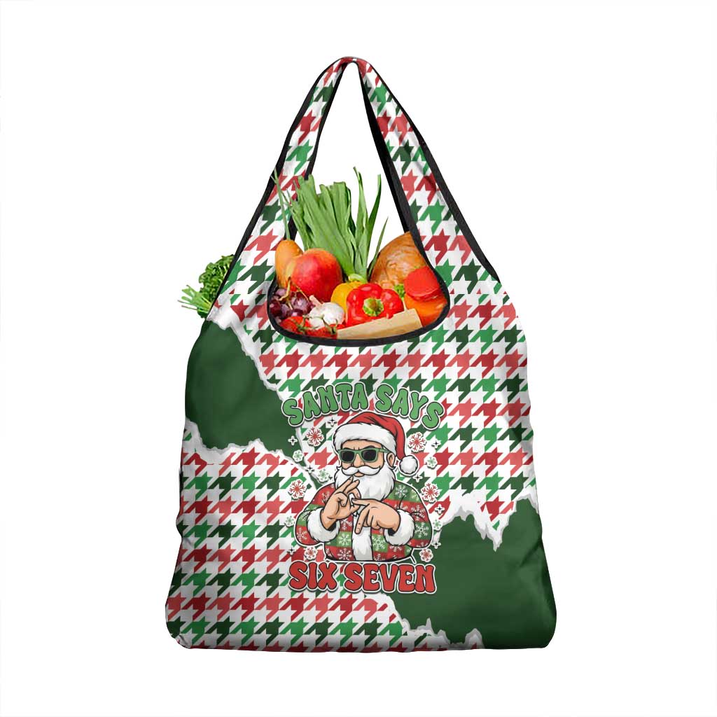 Funny Santa Claus Says Six Seven Grocery Bag Christmas Houndstooth Pattern - Wonder Print Shop
