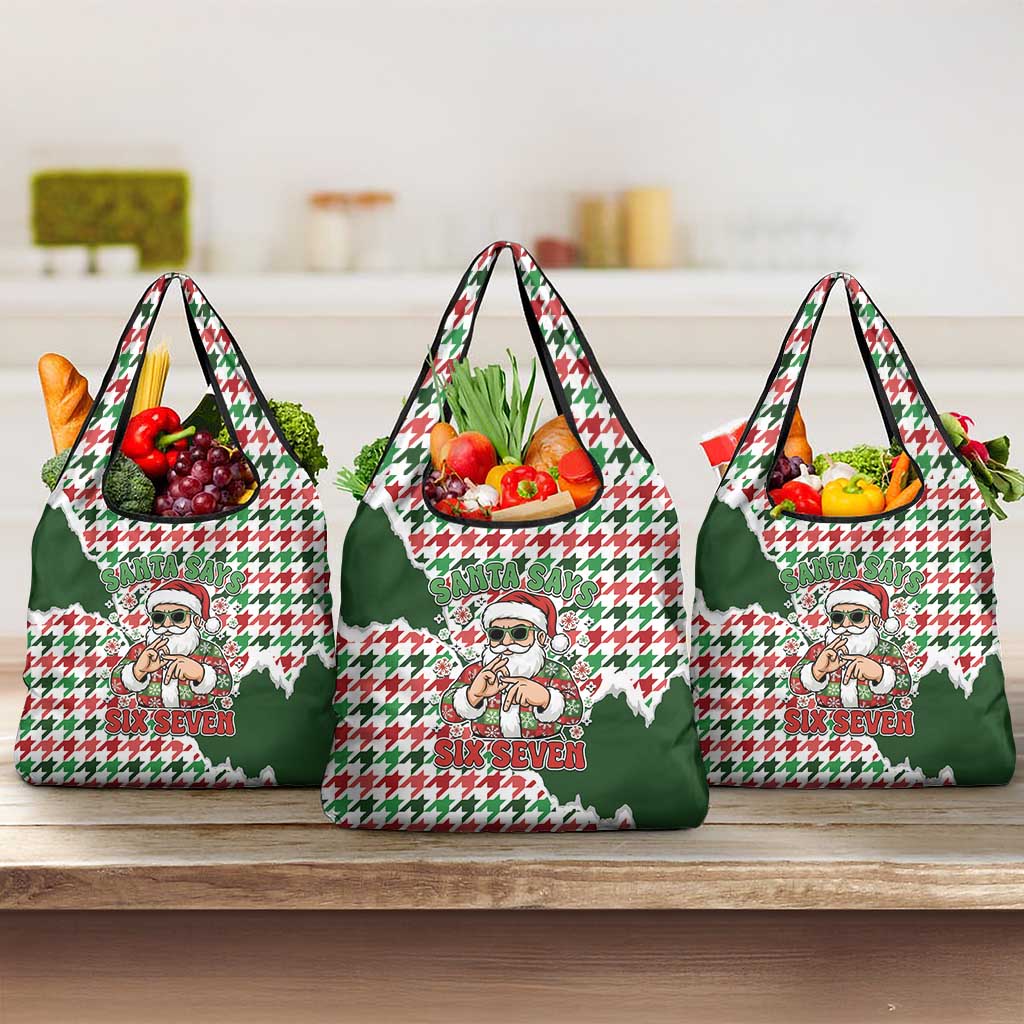 Funny Santa Claus Says Six Seven Grocery Bag Christmas Houndstooth Pattern - Wonder Print Shop