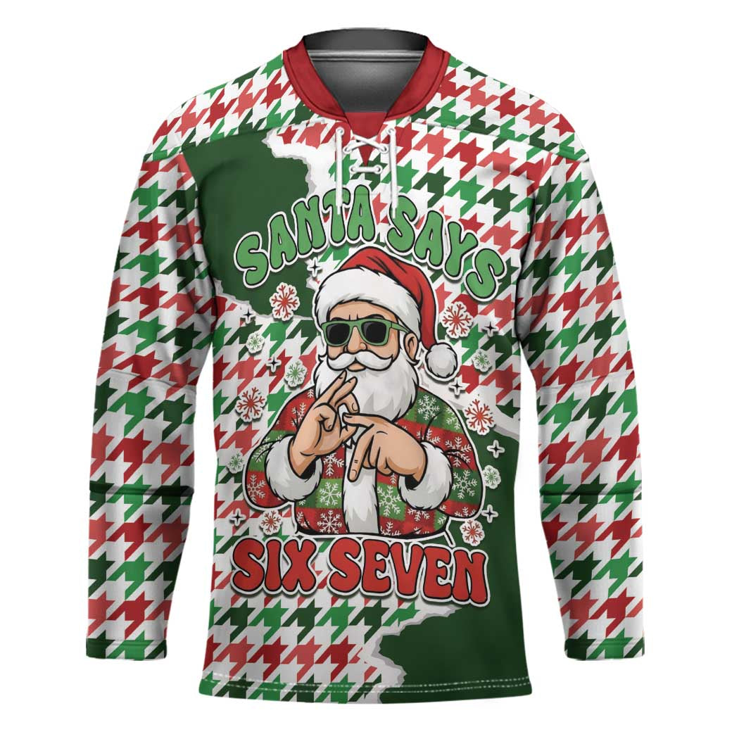 Funny Santa Claus Says Six Seven Hockey Jersey Christmas Houndstooth Pattern - Wonder Print Shop