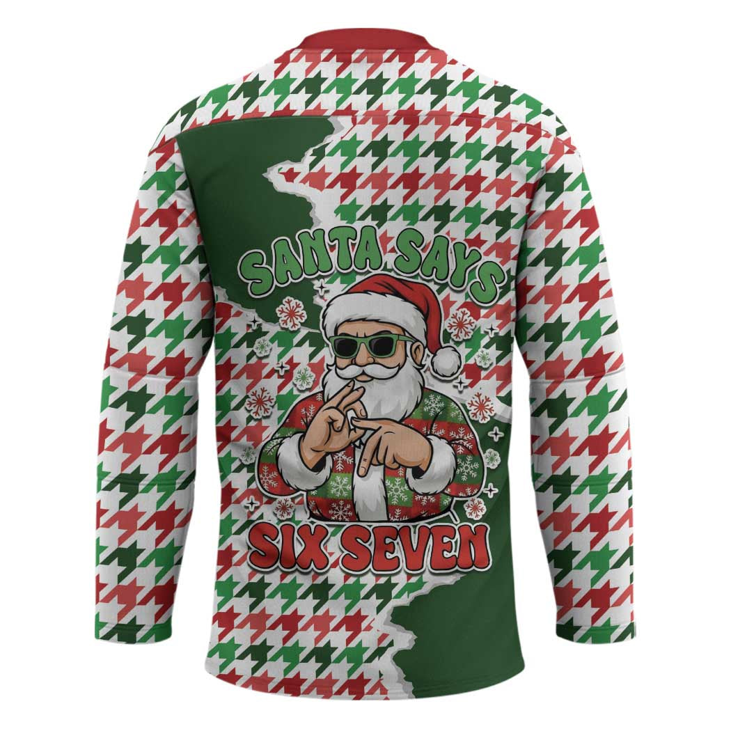 Funny Santa Claus Says Six Seven Hockey Jersey Christmas Houndstooth Pattern - Wonder Print Shop