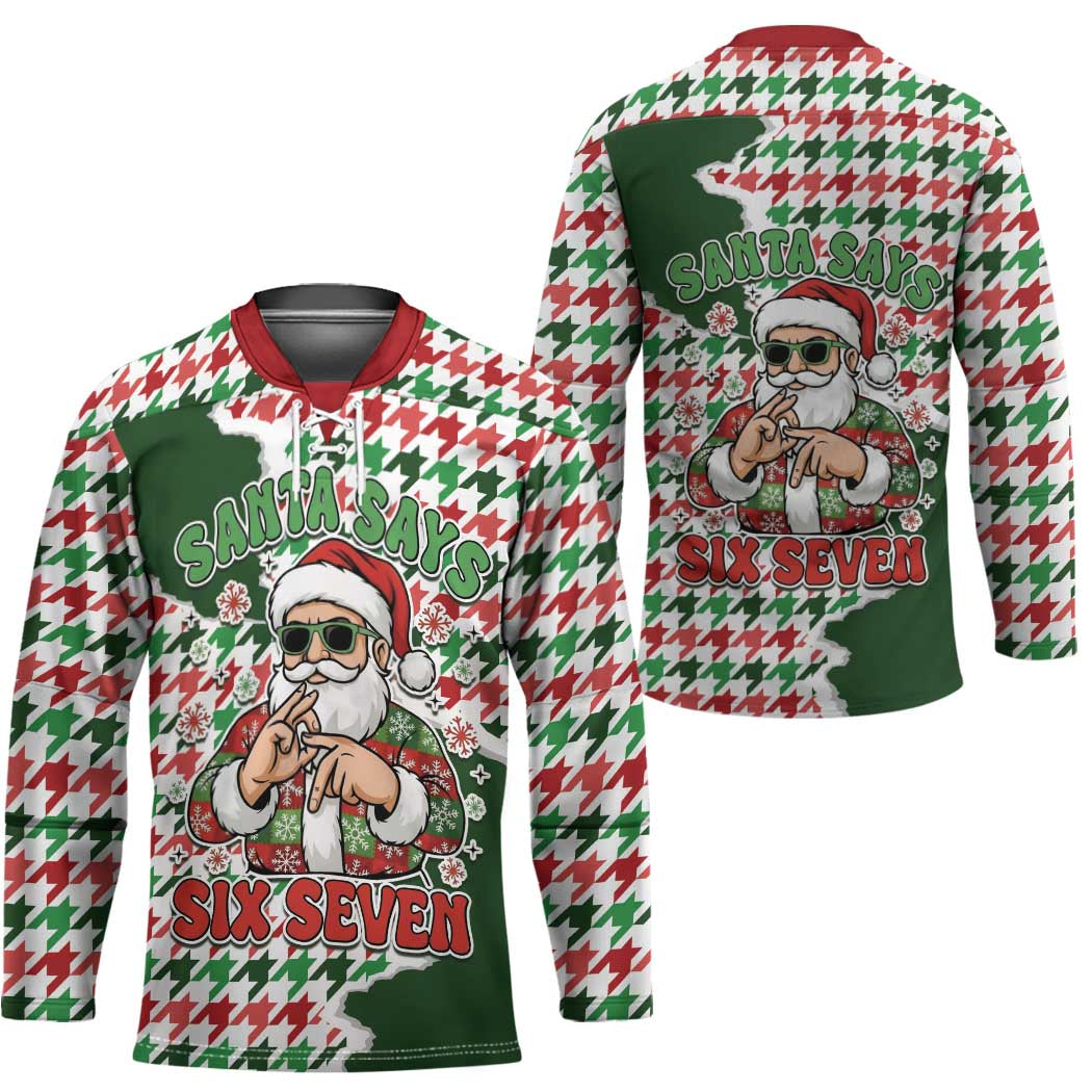 Funny Santa Claus Says Six Seven Hockey Jersey Christmas Houndstooth Pattern - Wonder Print Shop