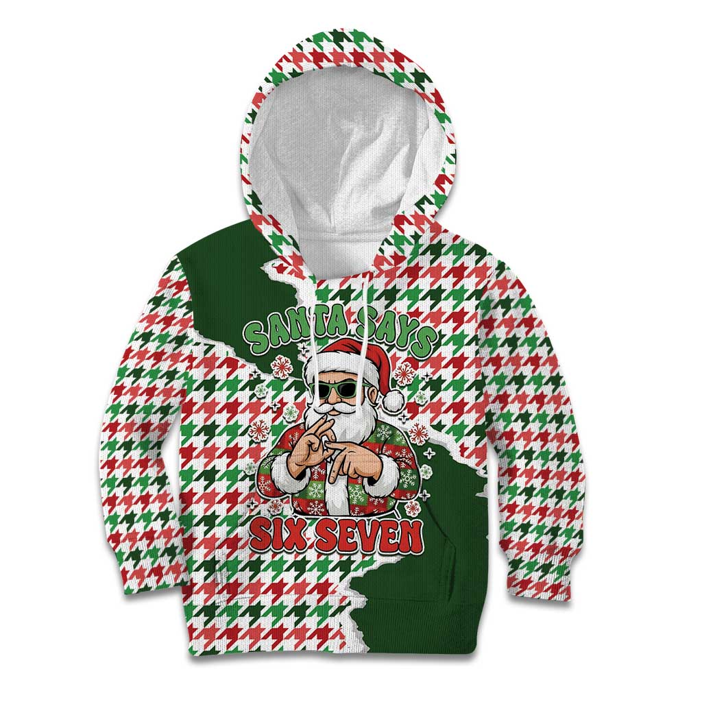Funny Santa Claus Says Six Seven Kid Hoodie Christmas Houndstooth Pattern - Wonder Print Shop