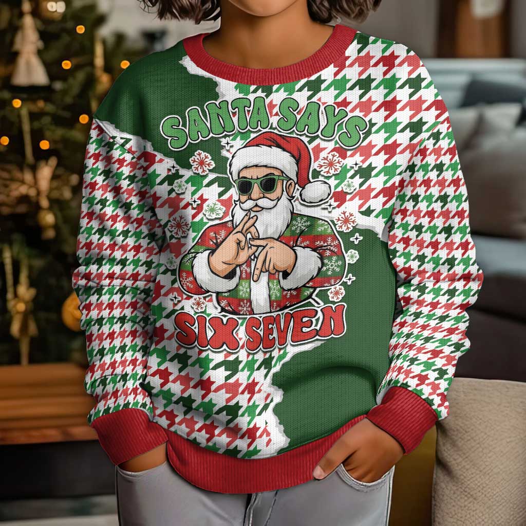 Funny Santa Claus Says Six Seven Kid Ugly Christmas Sweater Christmas Houndstooth Pattern - Wonder Print Shop