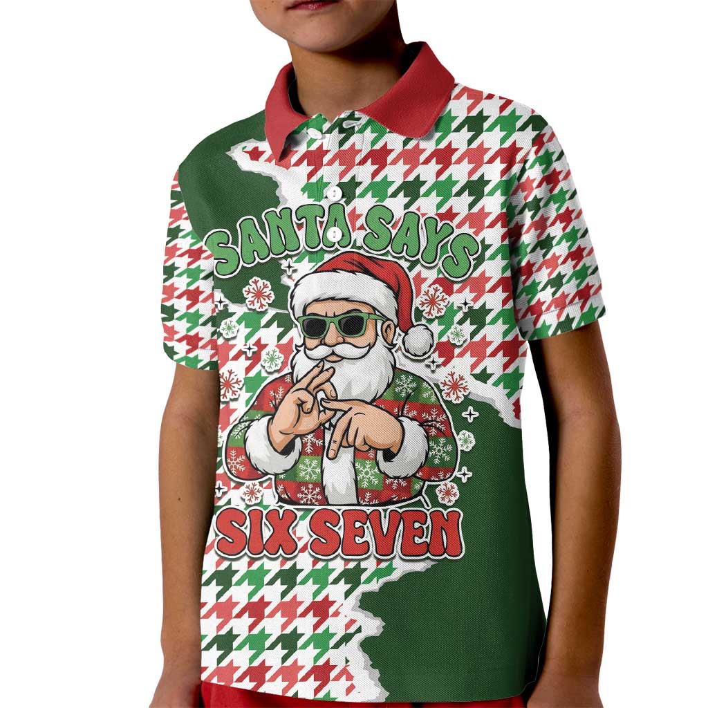 Funny Santa Claus Says Six Seven Kid Polo Shirt Christmas Houndstooth Pattern - Wonder Print Shop