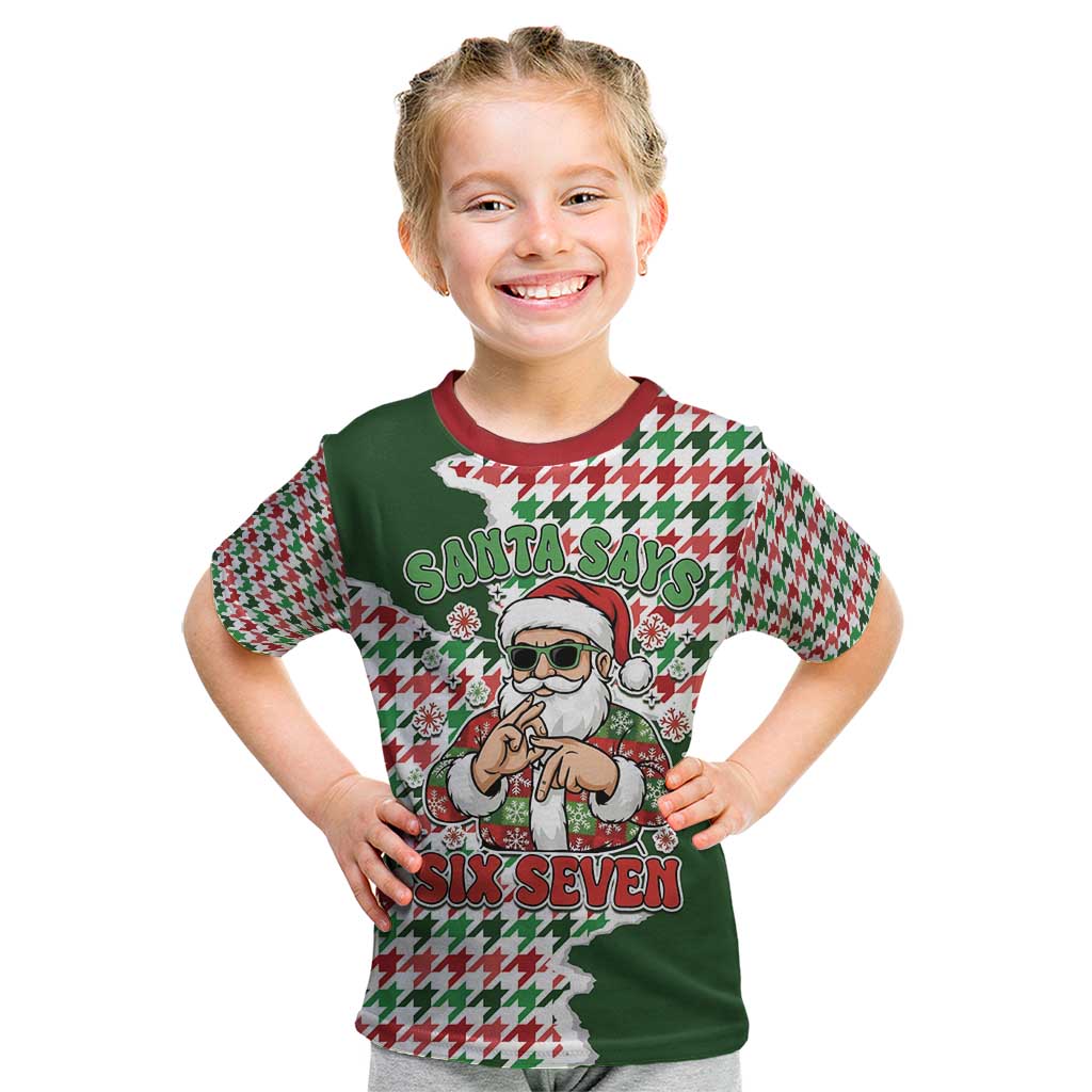 Funny Santa Claus Says Six Seven Kid T Shirt Christmas Houndstooth Pattern - Wonder Print Shop