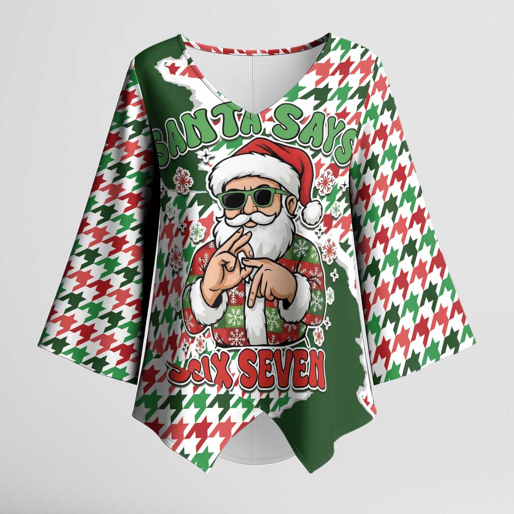 Funny Santa Claus Says Six Seven Kimono Sleeve Blouse Christmas Houndstooth Pattern - Wonder Print Shop