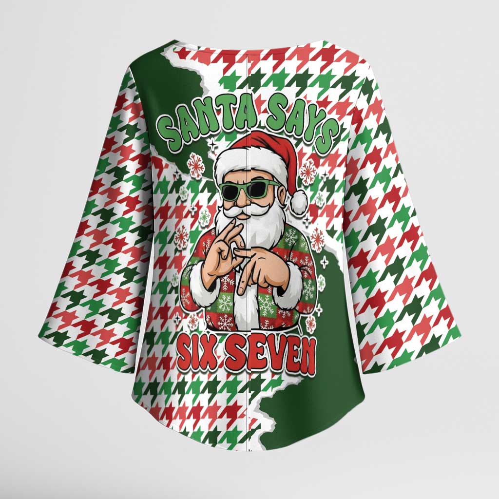 Funny Santa Claus Says Six Seven Kimono Sleeve Blouse Christmas Houndstooth Pattern - Wonder Print Shop