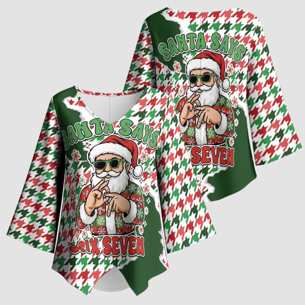 Funny Santa Claus Says Six Seven Kimono Sleeve Blouse Christmas Houndstooth Pattern - Wonder Print Shop
