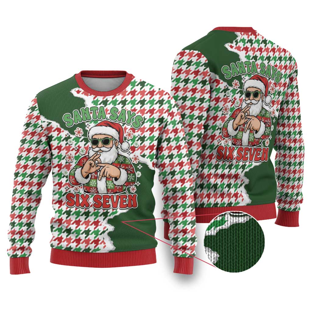Funny Santa Claus Says Six Seven Ugly Christmas Sweater Christmas Houndstooth Pattern - Wonder Print Shop
