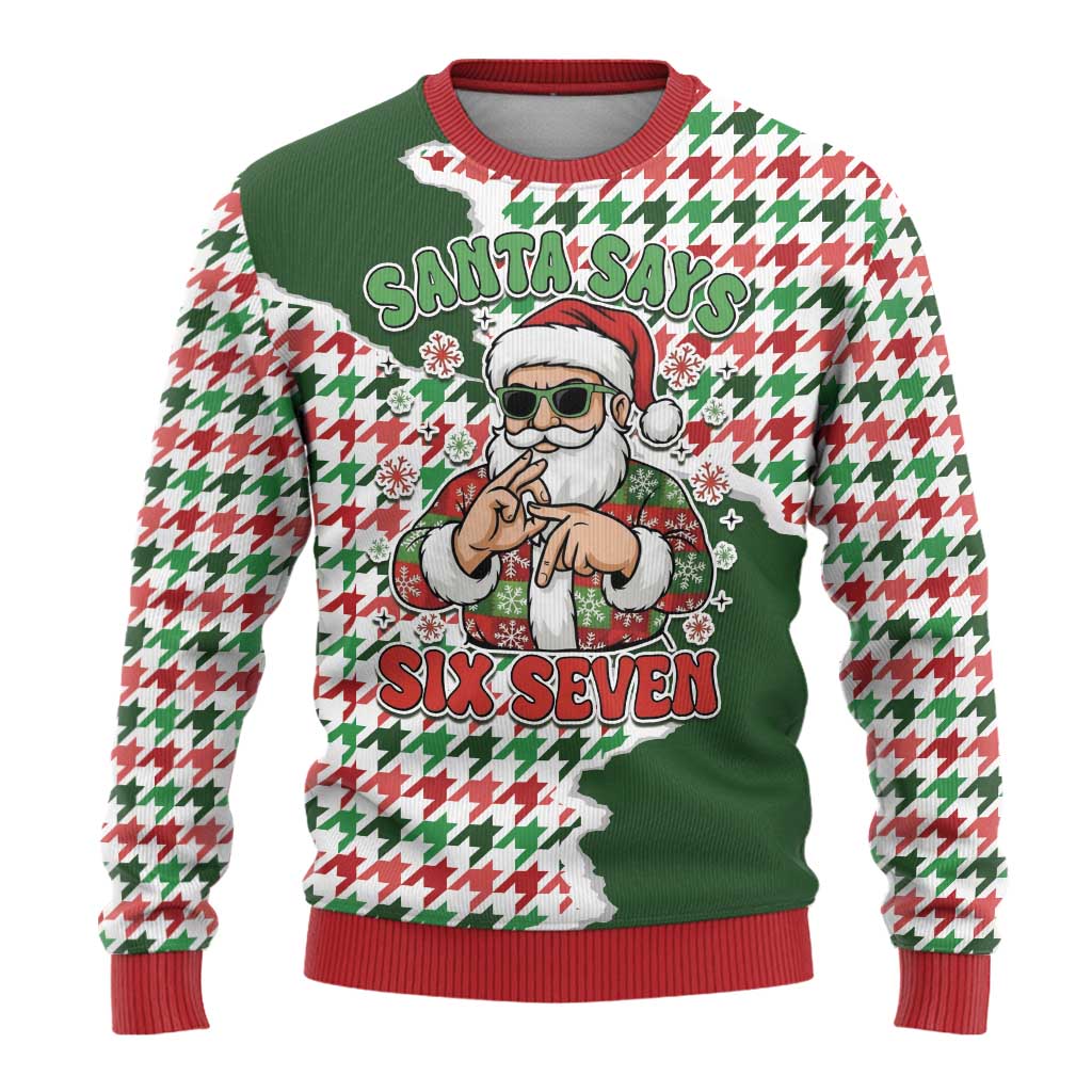 Funny Santa Claus Says Six Seven Ugly Christmas Sweater Christmas Houndstooth Pattern - Wonder Print Shop