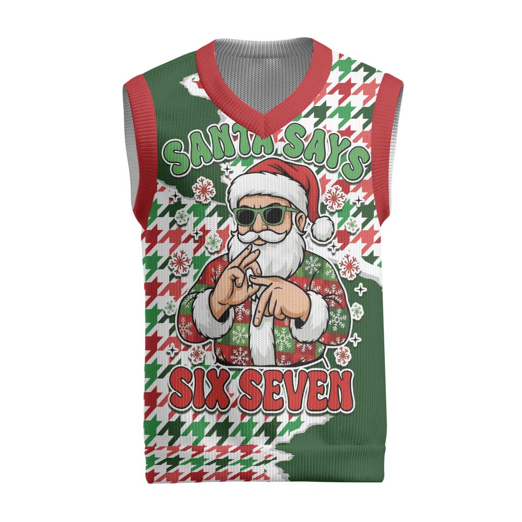 Funny Santa Claus Says Six Seven Christmas Knitted V-Neck Vest Christmas Houndstooth Pattern - Wonder Print Shop