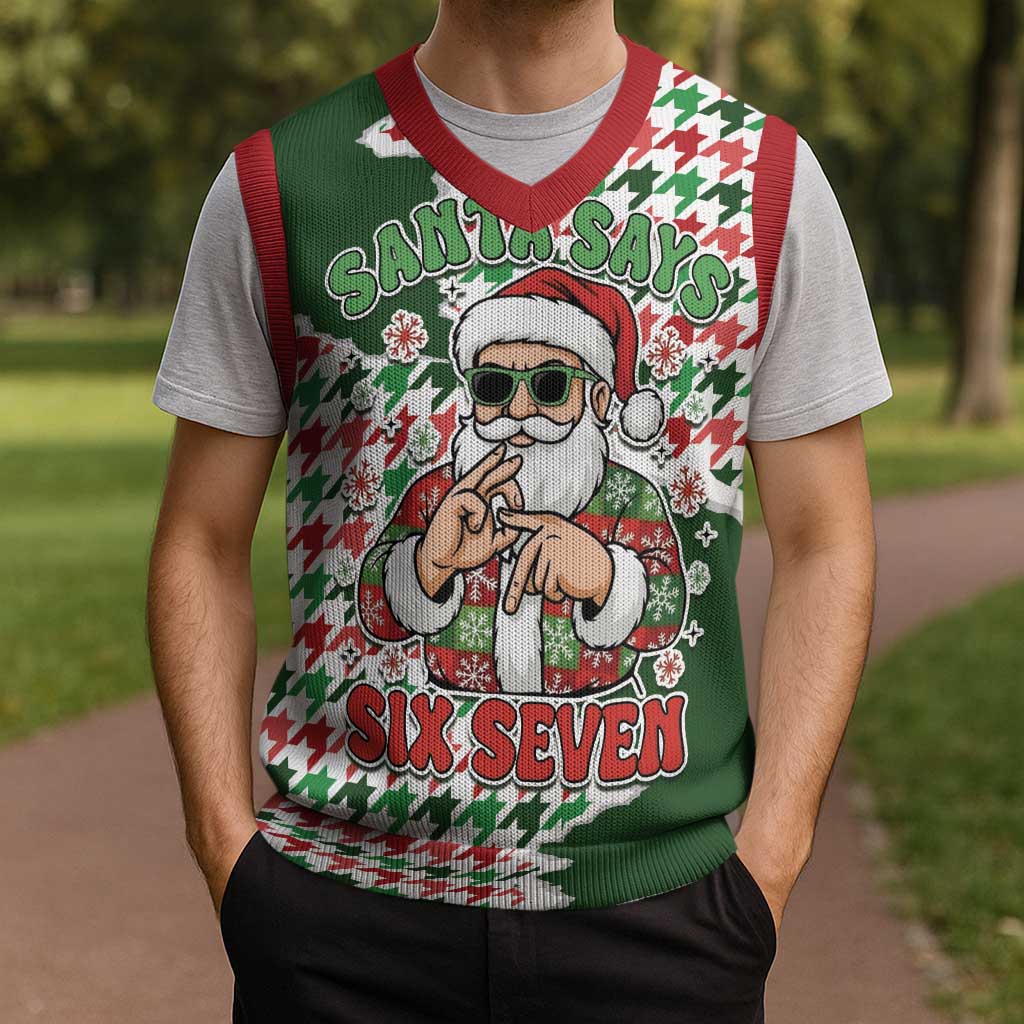 Funny Santa Claus Says Six Seven Christmas Knitted V-Neck Vest Christmas Houndstooth Pattern - Wonder Print Shop
