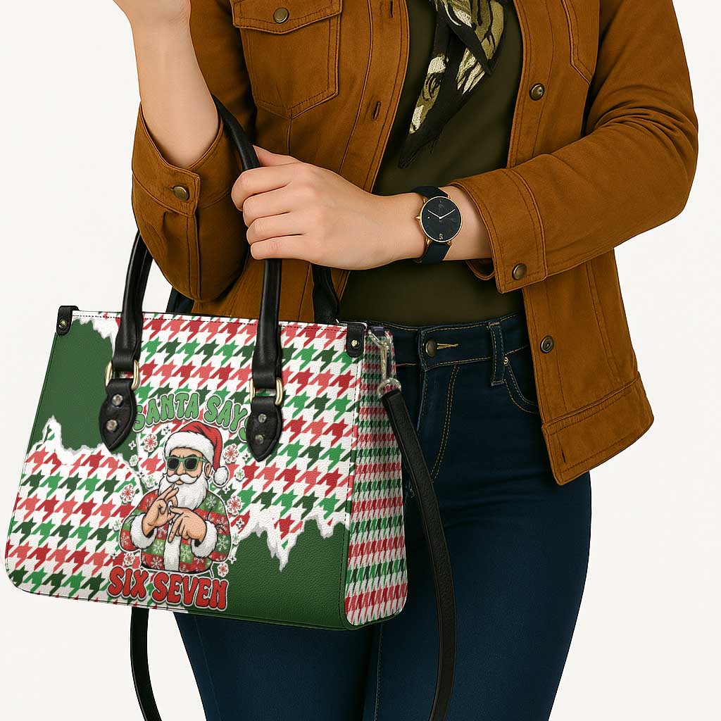 Funny Santa Claus Says Six Seven Leather Bag Christmas Houndstooth Pattern - Wonder Print Shop