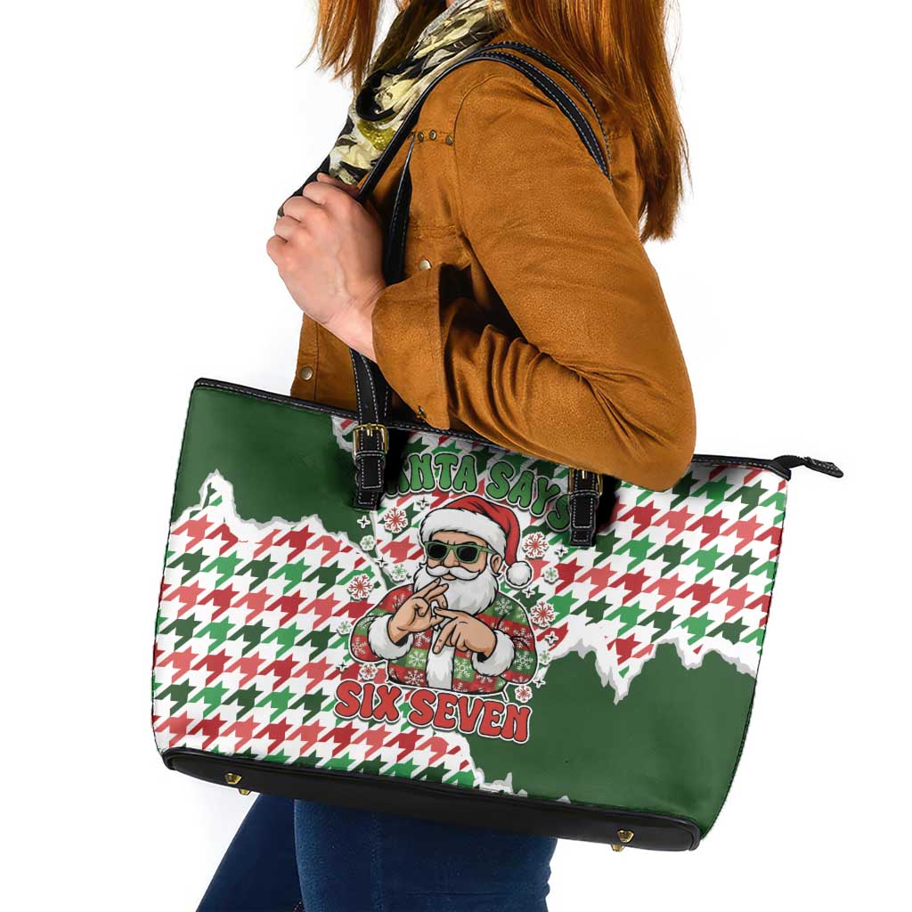Funny Santa Claus Says Six Seven Leather Tote Bag Christmas Houndstooth Pattern - Wonder Print Shop