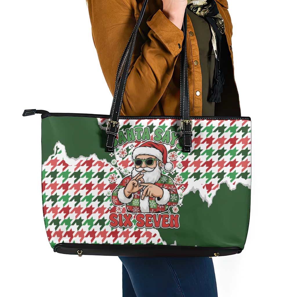 Funny Santa Claus Says Six Seven Leather Tote Bag Christmas Houndstooth Pattern - Wonder Print Shop