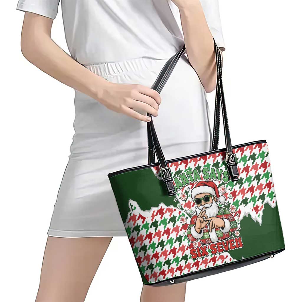 Funny Santa Claus Says Six Seven Leather Tote Bag Christmas Houndstooth Pattern - Wonder Print Shop