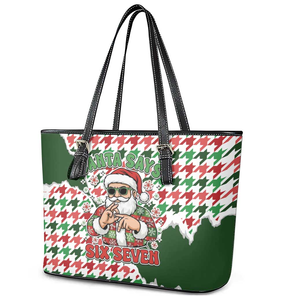 Funny Santa Claus Says Six Seven Leather Tote Bag Christmas Houndstooth Pattern - Wonder Print Shop