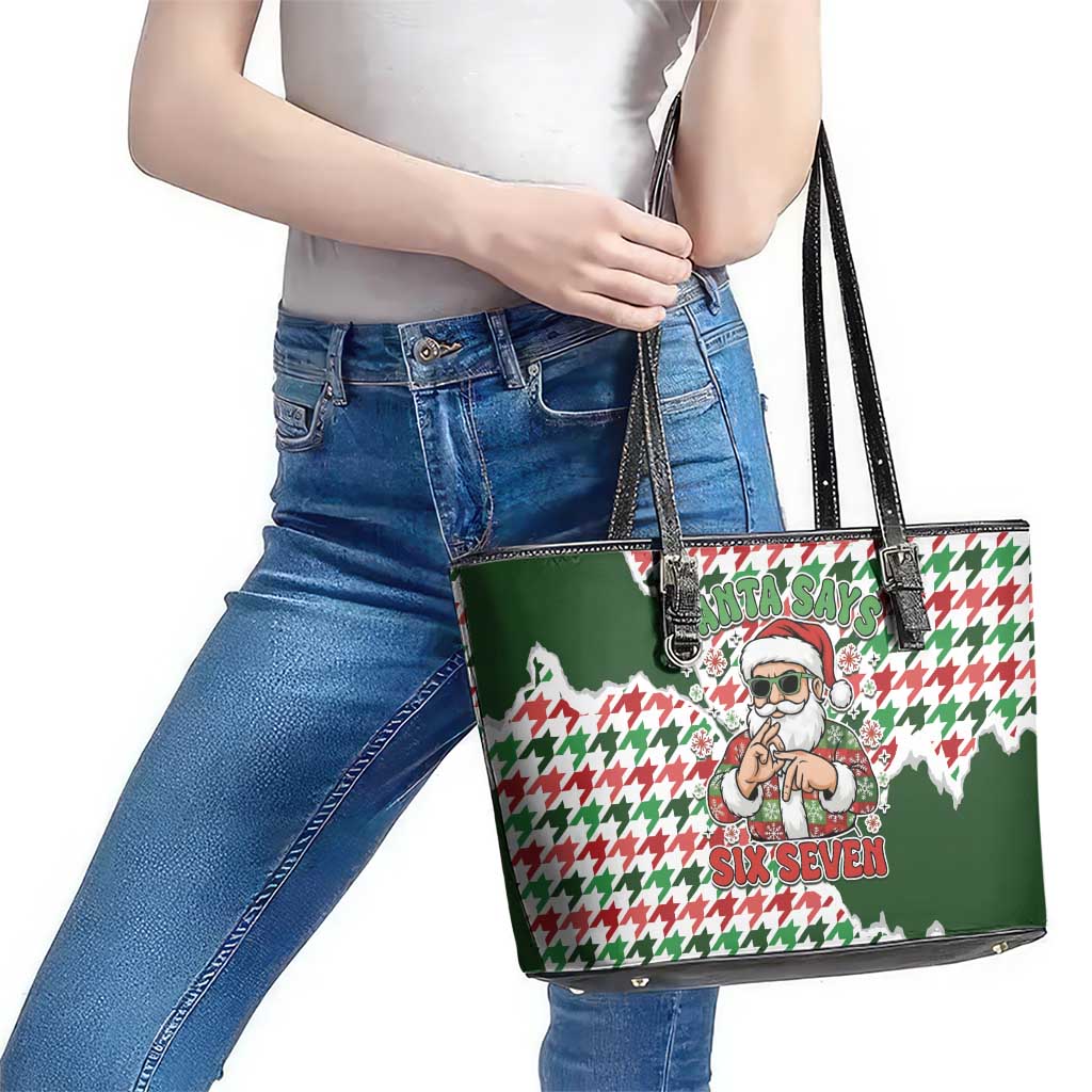 Funny Santa Claus Says Six Seven Leather Tote Bag Christmas Houndstooth Pattern - Wonder Print Shop