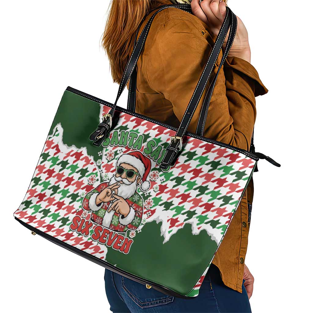 Funny Santa Claus Says Six Seven Leather Tote Bag Christmas Houndstooth Pattern - Wonder Print Shop