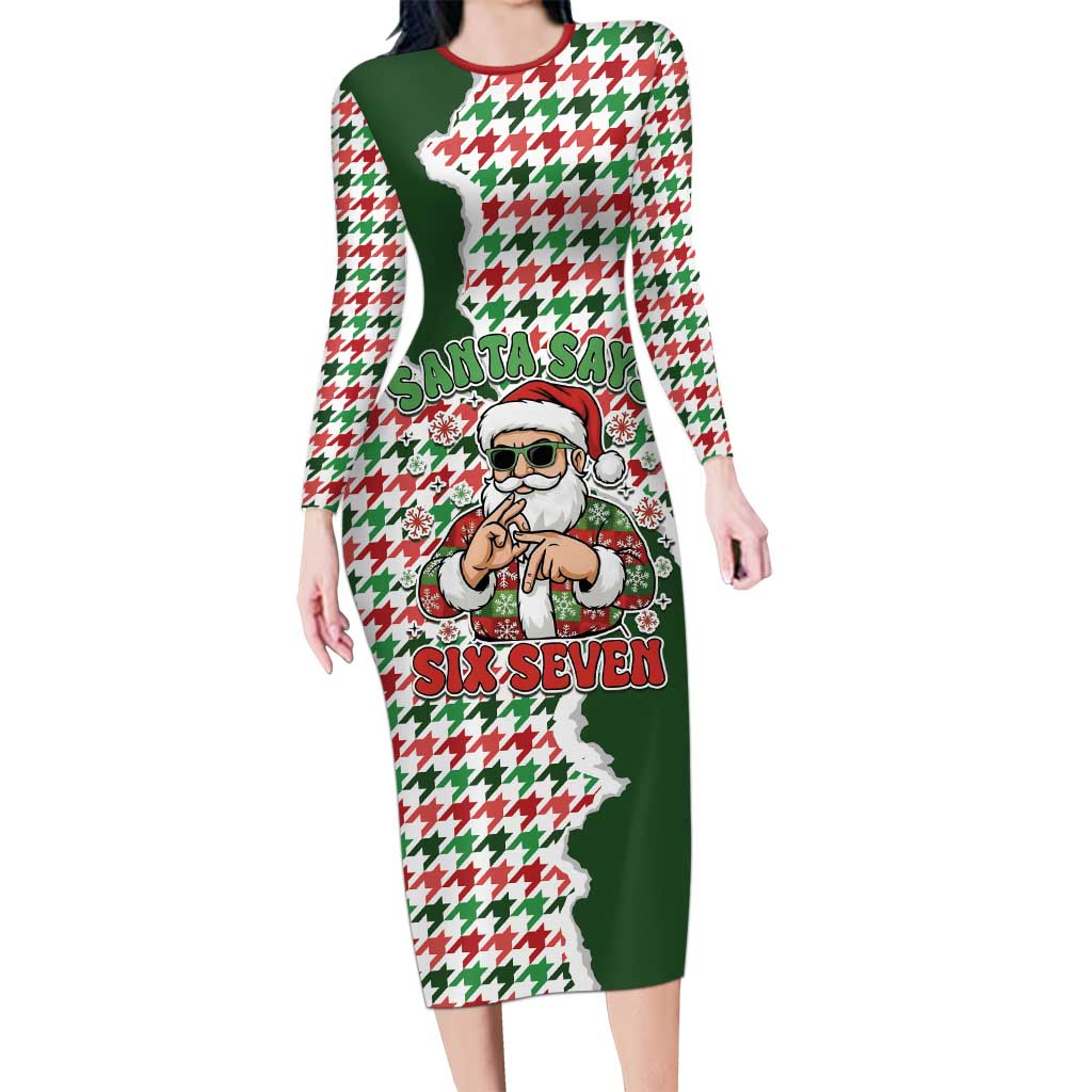 Funny Santa Claus Says Six Seven Long Sleeve Bodycon Dress Christmas Houndstooth Pattern - Wonder Print Shop