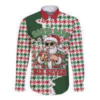 Funny Santa Claus Says Six Seven Long Sleeve Button Shirt Christmas Houndstooth Pattern - Wonder Print Shop