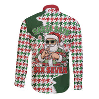 Funny Santa Claus Says Six Seven Long Sleeve Button Shirt Christmas Houndstooth Pattern - Wonder Print Shop