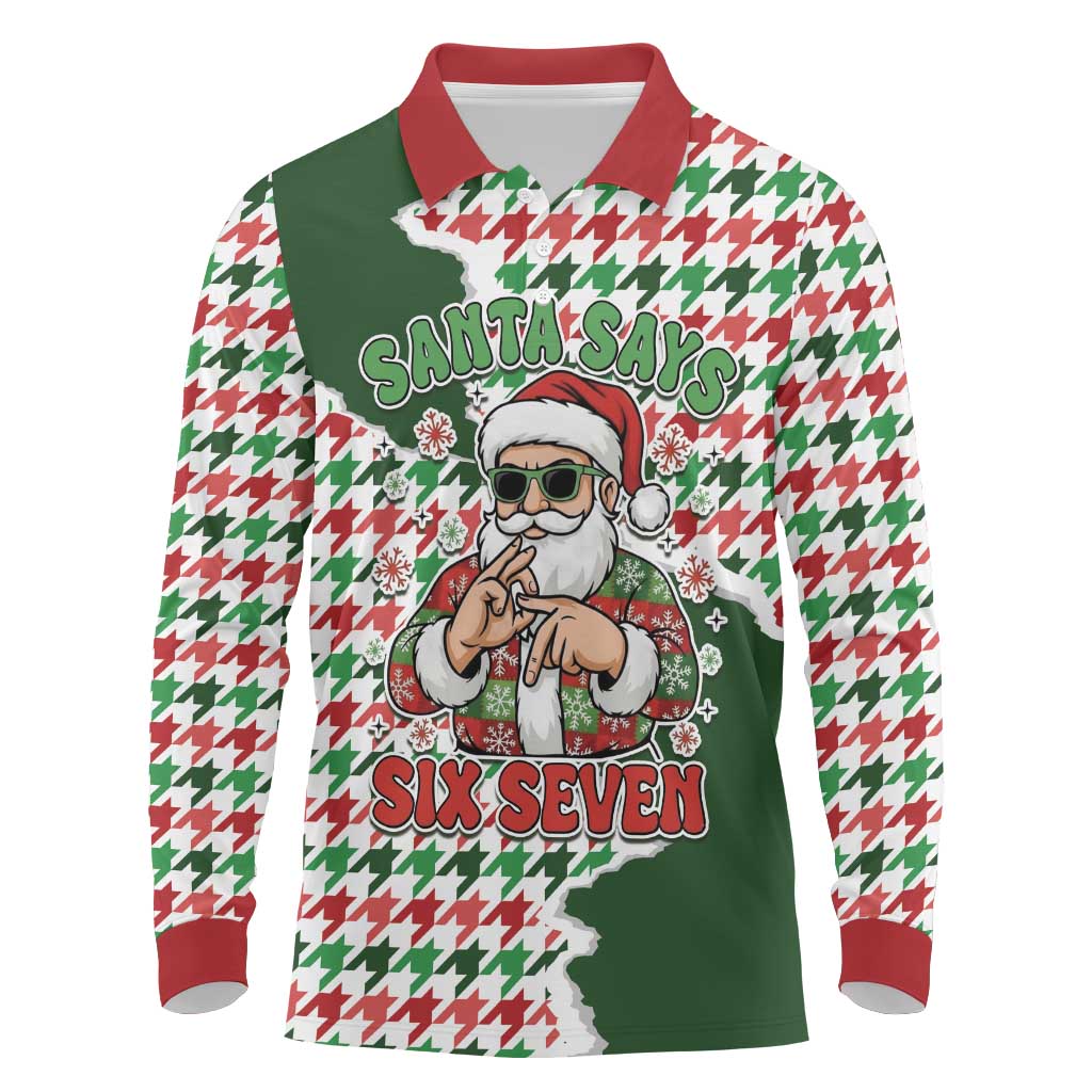 Funny Santa Claus Says Six Seven Long Sleeve Polo Shirt Christmas Houndstooth Pattern - Wonder Print Shop