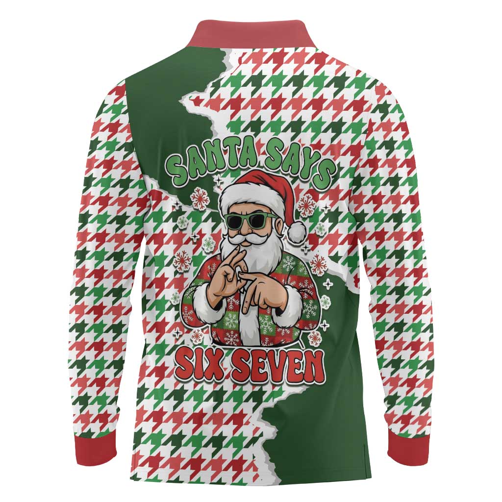 Funny Santa Claus Says Six Seven Long Sleeve Polo Shirt Christmas Houndstooth Pattern - Wonder Print Shop