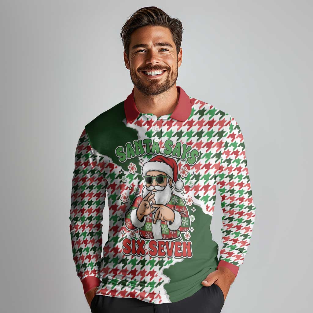 Funny Santa Claus Says Six Seven Long Sleeve Polo Shirt Christmas Houndstooth Pattern - Wonder Print Shop