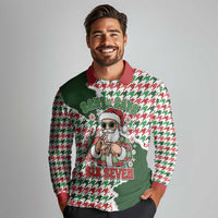 Funny Santa Claus Says Six Seven Long Sleeve Polo Shirt Christmas Houndstooth Pattern - Wonder Print Shop