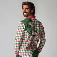 Funny Santa Claus Says Six Seven Long Sleeve Polo Shirt Christmas Houndstooth Pattern - Wonder Print Shop
