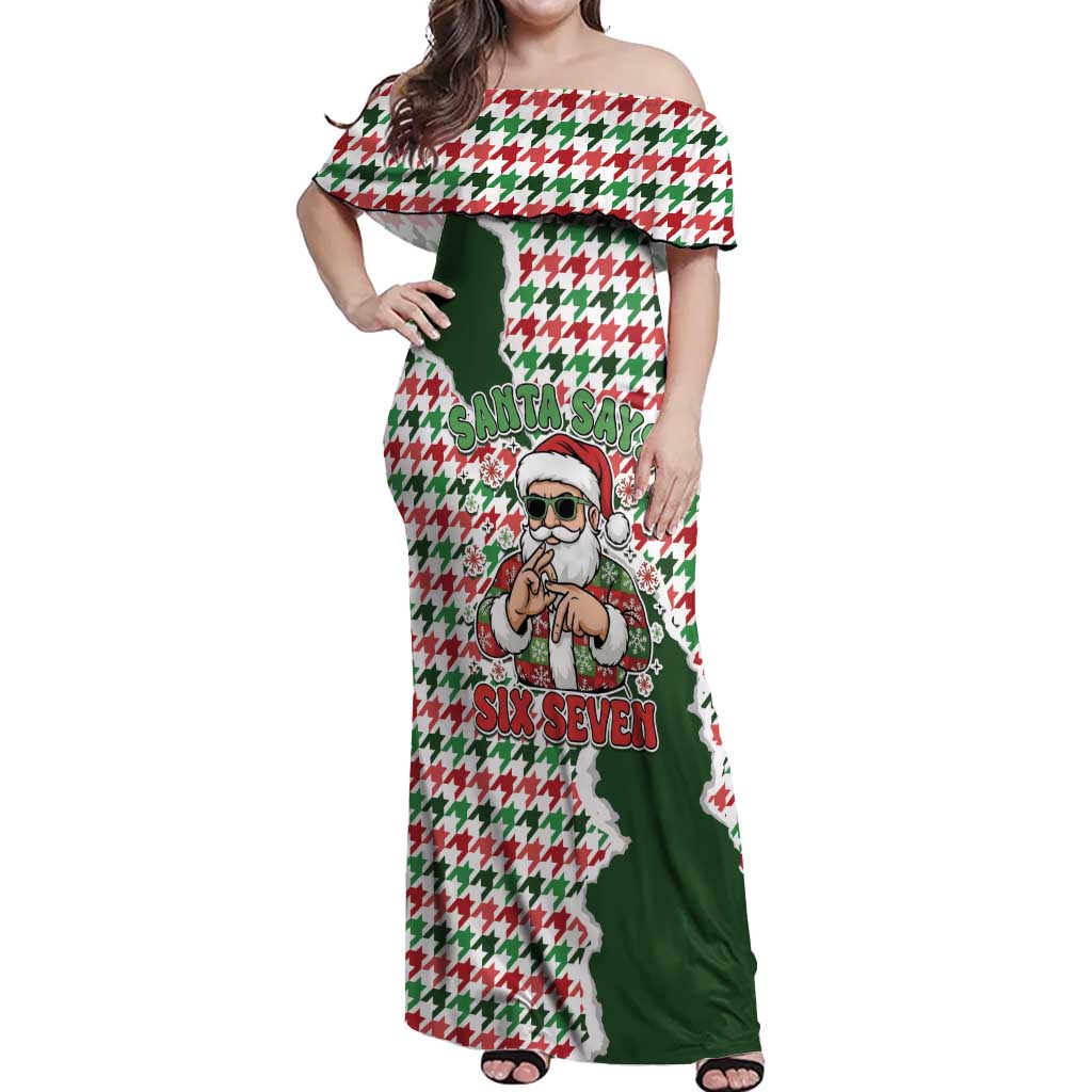 Funny Santa Claus Says Six Seven Off Shoulder Maxi Dress Christmas Houndstooth Pattern - Wonder Print Shop