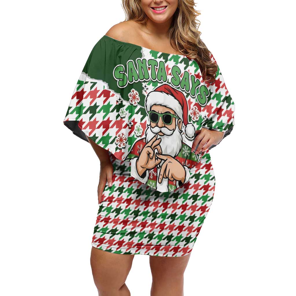 Funny Santa Claus Says Six Seven Off Shoulder Short Dress Christmas Houndstooth Pattern - Wonder Print Shop