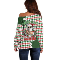 Funny Santa Claus Says Six Seven Off Shoulder Sweater Christmas Houndstooth Pattern - Wonder Print Shop