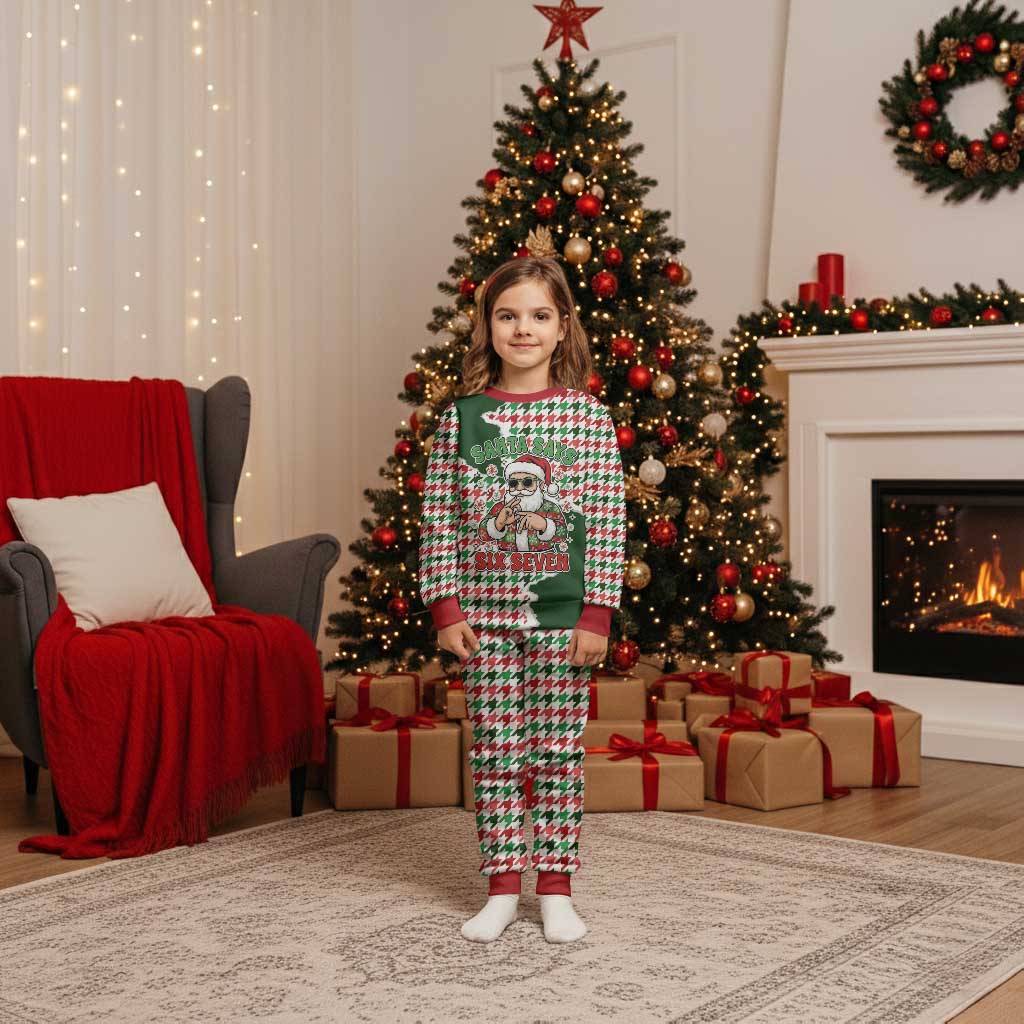 Funny Santa Claus Says Six Seven Christmas Pajama Set Christmas Houndstooth Pattern - Wonder Print Shop