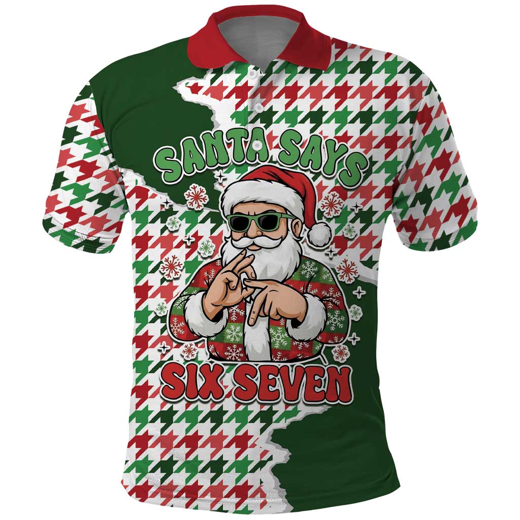 Funny Santa Claus Says Six Seven Polo Shirt Christmas Houndstooth Pattern - Wonder Print Shop