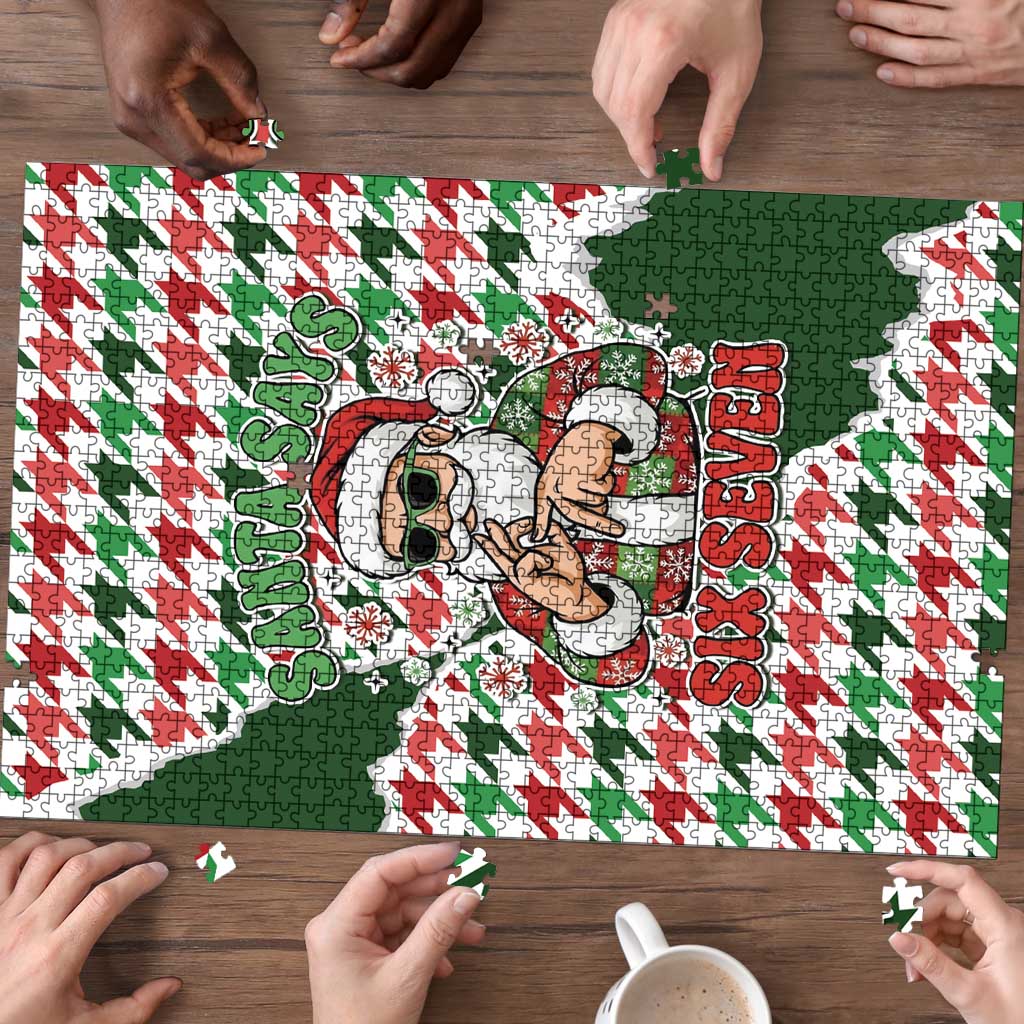 Funny Santa Claus Says Six Seven Puzzle Christmas Houndstooth Pattern - Wonder Print Shop