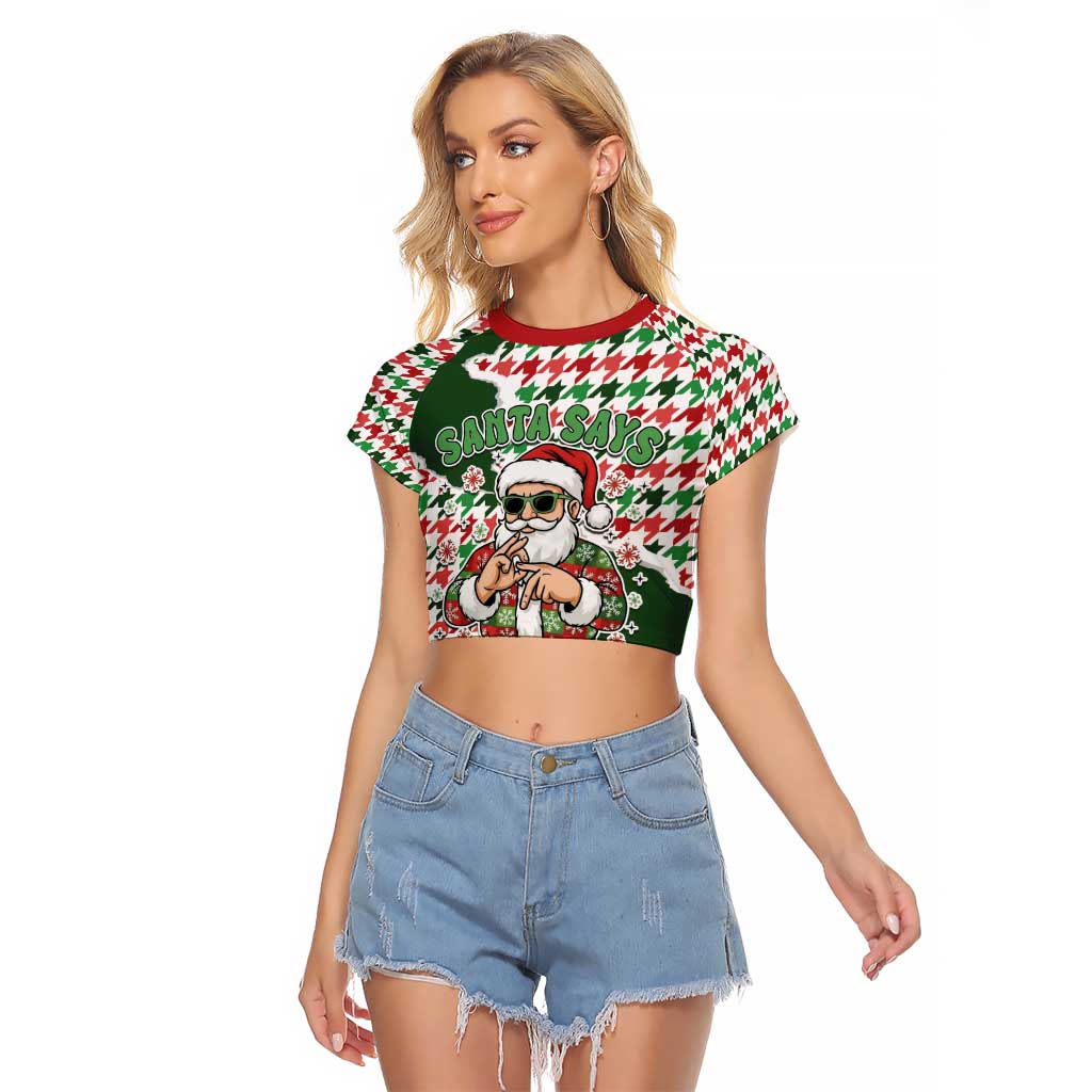 Funny Santa Claus Says Six Seven Raglan Cropped T Shirt Christmas Houndstooth Pattern - Wonder Print Shop