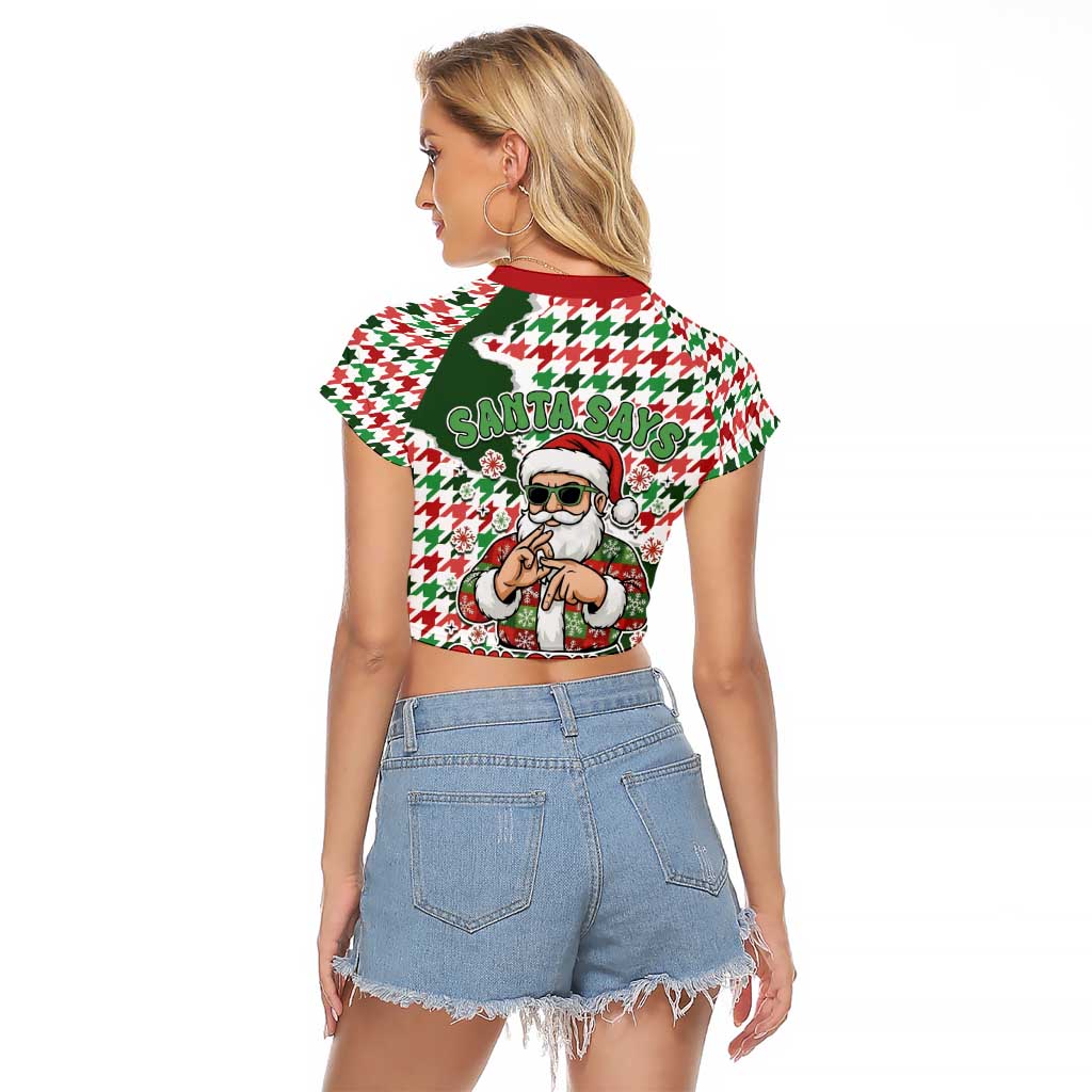 Funny Santa Claus Says Six Seven Raglan Cropped T Shirt Christmas Houndstooth Pattern - Wonder Print Shop