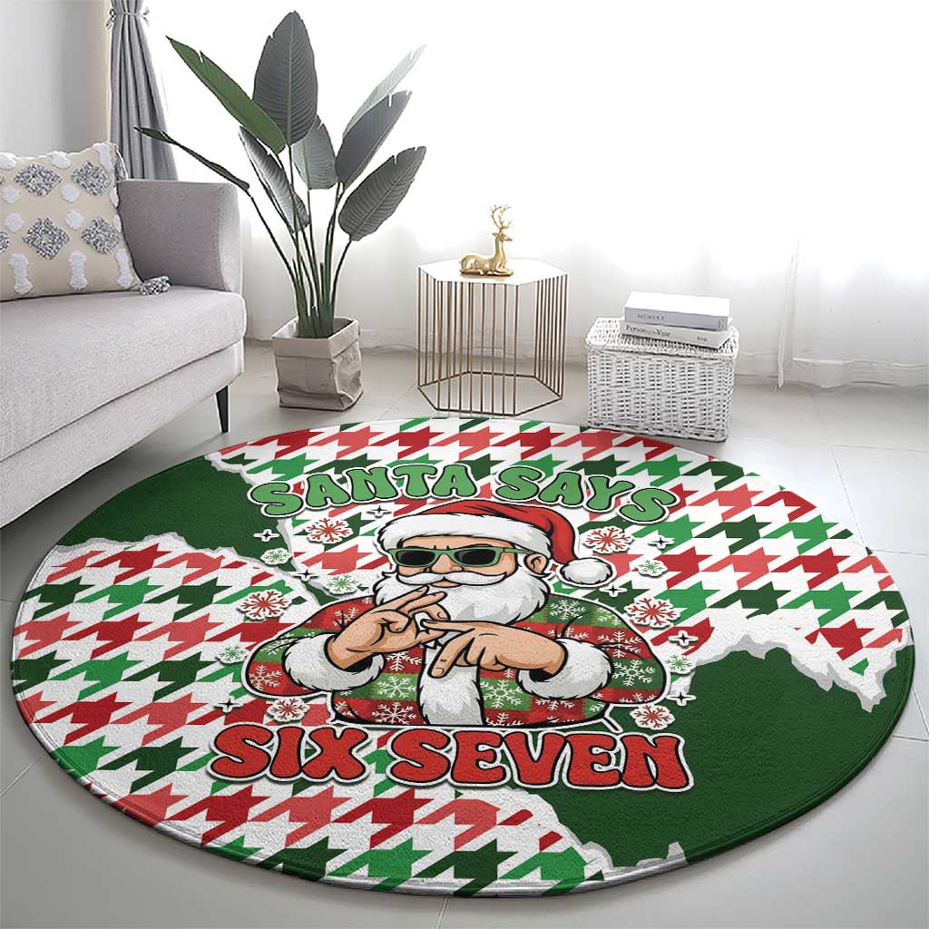 Funny Santa Claus Says Six Seven Round Carpet Christmas Houndstooth Pattern - Wonder Print Shop