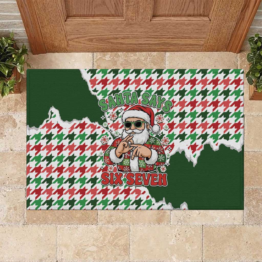 Funny Santa Claus Says Six Seven Rubber Doormat Christmas Houndstooth Pattern - Wonder Print Shop