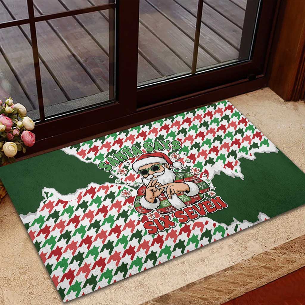 Funny Santa Claus Says Six Seven Rubber Doormat Christmas Houndstooth Pattern - Wonder Print Shop