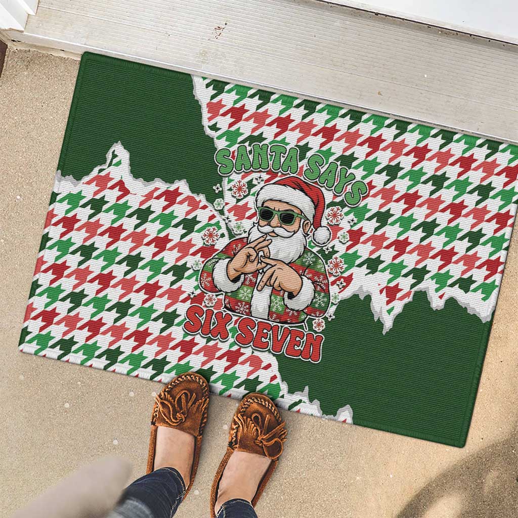 Funny Santa Claus Says Six Seven Rubber Doormat Christmas Houndstooth Pattern - Wonder Print Shop